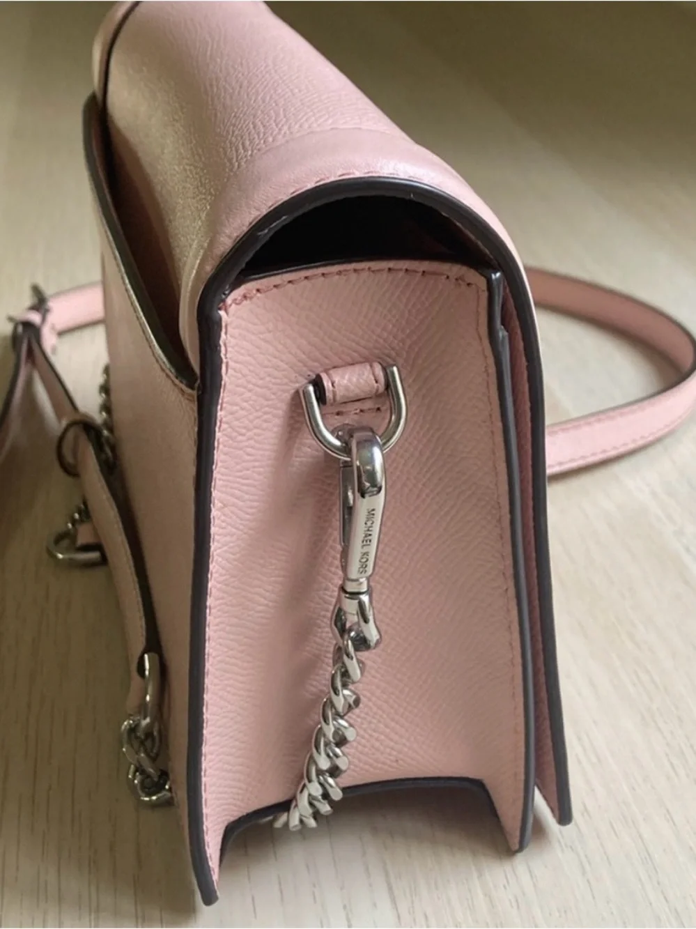 Michael Kors Jet Set Saffiano Light Pink Crossbody Shoulder Bag Purse Silver